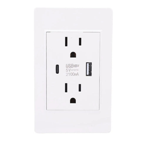 Top-Tier 15A Wall Outlet With Built-In USB And Type-C Ports For Seamless Dual Device Charging, Durable white socket, 85mm size.