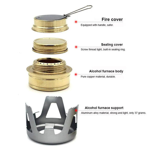 Ultralight Outdoor Mini Alcohol Stove Burner And Compact Cook Set components, brass and aluminum materials, labeled parts