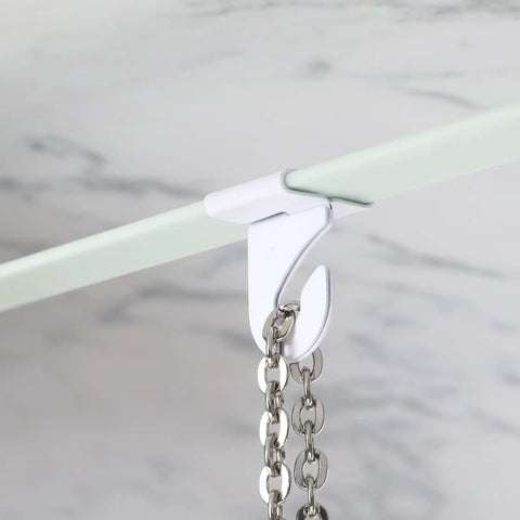 White hook from 50 Pack Drop Ceiling Hooks For Hangin, 25 Pairs Left And Right Ceiling Hooks Plus 25 Ceiling Hook Clips T Bar Clips