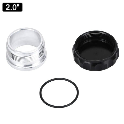 Beefy 2 Inch Billet Aluminum Weld-On Filler Neck Cap For Overflow Coolant Tank, Black Finish, components displayed separately