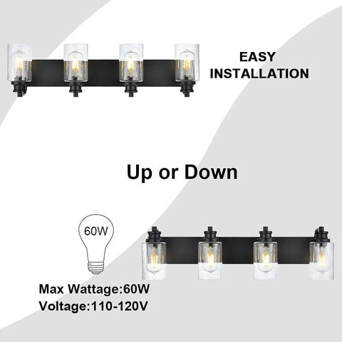 Four Light Black Wall Sconce Vanity Light With Seedy Glass Shades 28 Inch Modern Bathroom Mirror Hallway Bedroom Living Room Lighting Fixture For Everyday Use And Ambient Vibe Enhancement Across Home Areas, shown with bulb details and mounting options.