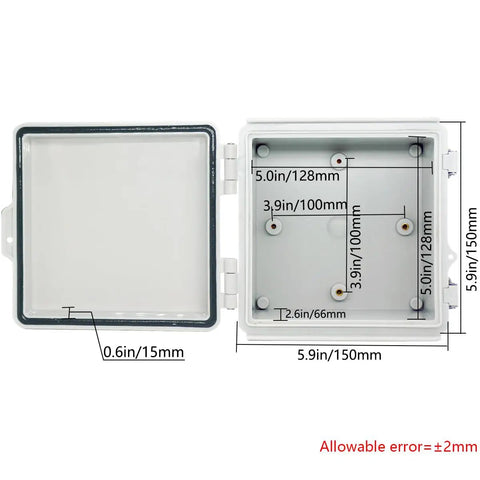 Open interior view of Junction Box Weatherproof Outdoor Enclosure IP67 ABS Plastic Dustproof Waterproof with dimensions.