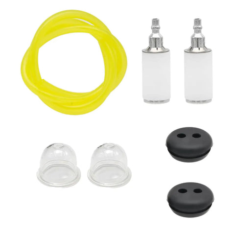 Gas Tank Grommet Rubber Seal Kit For Legend Force 46cc Gas Tiller Cultivator A063001, shown with grommets, fuel filters, fuel line, primer bulbs