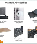 Available accessories for Heavy Duty Black 7 Drawer Rolling Tool Cabinet including tool panel, roll holder, and worktop.