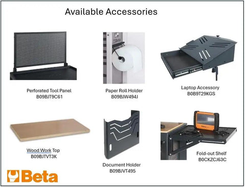 Available accessories for Heavy Duty Black 7 Drawer Rolling Tool Cabinet including tool panel, roll holder, and worktop.