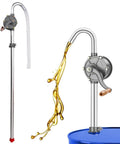 Built Rock Solid All Aluminum Manual Drum Pump For No Mess Pumping Of Oil Diesel Kerosene Hydraulic Fluid Fits 5 To 55 Gallon Barrels Fast Setup Heavy Duty Performance Guaranteed with fluid flowing from barrel.