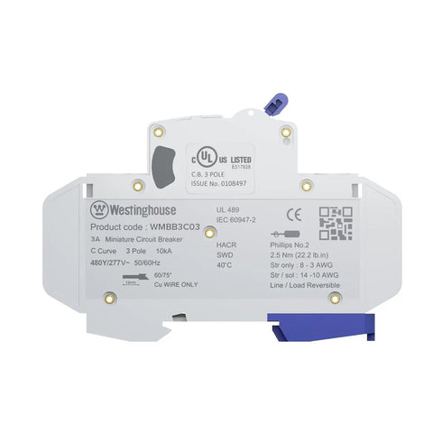 Back view of UL 489 AC Miniature Circuit Breaker 3 Amp 3 Pole C Curve For 480Y 277V AC 10kA SCCR Thermal Magnetic Trip DIN Rail Mount