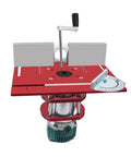 Smooth CNC Aluminum Router Lift Kit With Sleek Red Insert Plate And Tough Rock Solid Mounting Bracket For 65mm Motors featuring adjustable miter guide.