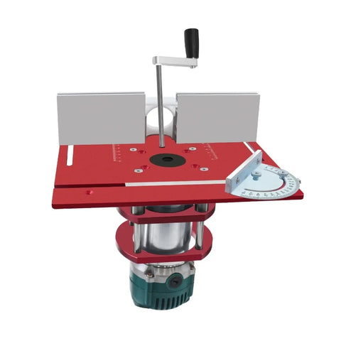 Smooth CNC Aluminum Router Lift Kit With Sleek Red Insert Plate And Tough Rock Solid Mounting Bracket For 65mm Motors featuring adjustable miter guide.