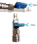 Front and side views of stainless steel high-pressure washer ball valve with blue lever.