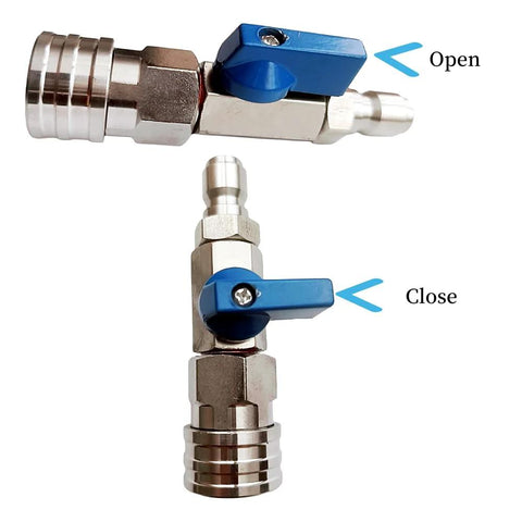 Front and side views of stainless steel high-pressure washer ball valve with blue lever.