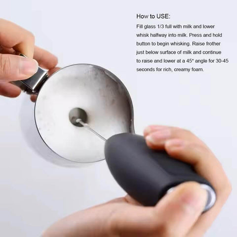 Automatic Milk Frother Wand For Lattes And Cappuccinos, Battery Operated Handheld Foam Maker being used in a milk cup