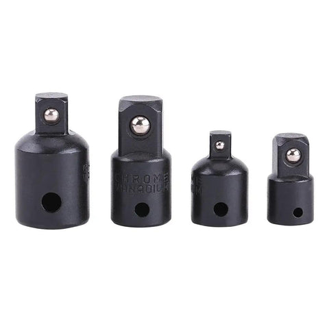 4 Piece Socket Adapter Set in Chrome Steel, Heavy Duty Wrench Adapters in black oxide finish, lined up in increasing size order