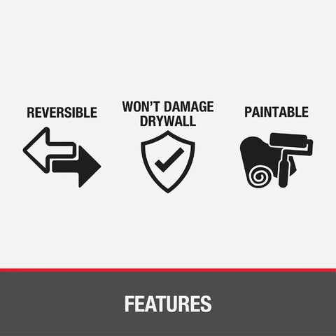 Icons displaying features of the 14 X 14 Square White Wall Access Panel Reversible Flex Frame, including reversible, damage-free, and paintable.