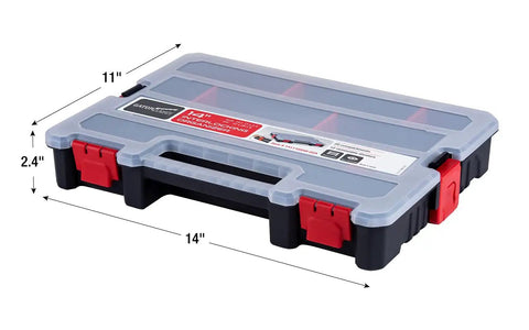 Front view of 2-Pack Stackable Small Parts Organizer Boxes With 20 Compartments And 12 Removable Dividers Per Box For Screw Nut Bolt Drill Bit Storage Ideal Garage Workshop Or DIY Crafts Storage, 14 x 11 x 2.4 inches, closed and latched