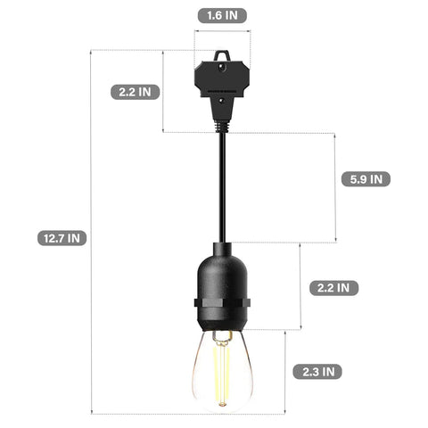 Warm White 50ft Low Voltage String Lights With 10 2W Bulbs, 135 Lumens Each, 2800K, single bulb dimensions diagram