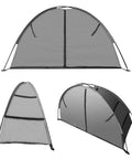 Collapsible Camping Storage Organizer With Nine Shelves, Heavy Duty Oxford Cloth Gear Rack in Portable Gray, shown folded.