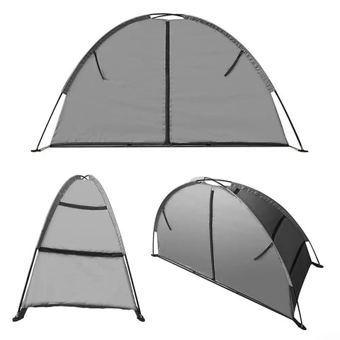 Collapsible Camping Storage Organizer With Nine Shelves, Heavy Duty Oxford Cloth Gear Rack in Portable Gray, shown folded.
