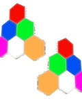 12 Pack LED Hexagon RGB Lights Modular Touch Sensitive Wall Light Kit With Magnetic Reusable Tiles arranged in colorful patterns