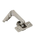 Close-up of Two Pack Pie Cut Corner Overlay Hinges for Bi-Fold Cabinets, 70 Degree Self-Closing Concealed Doors, metal finish