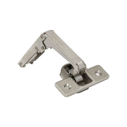 Close-up of Two Pack Pie Cut Corner Overlay Hinges for Bi-Fold Cabinets, 70 Degree Self-Closing Concealed Doors, metal finish