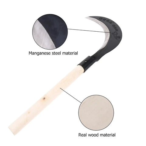 Long Handle Hand Scythe for Weeding and Lawn Care, Manganese Steel Manual Weeding Tool with wooden handle and steel blade