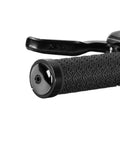 Close-up of black Aluminum Alloy Bike Bar End Plugs with Expanding Locking Caps on straight handlebar, secure grip visible