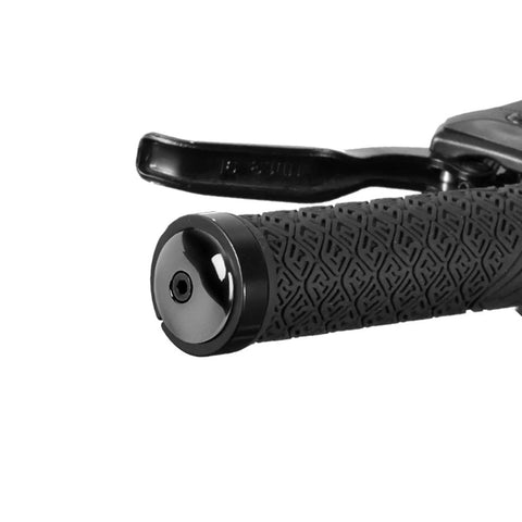 Close-up of black Aluminum Alloy Bike Bar End Plugs with Expanding Locking Caps on straight handlebar, secure grip visible