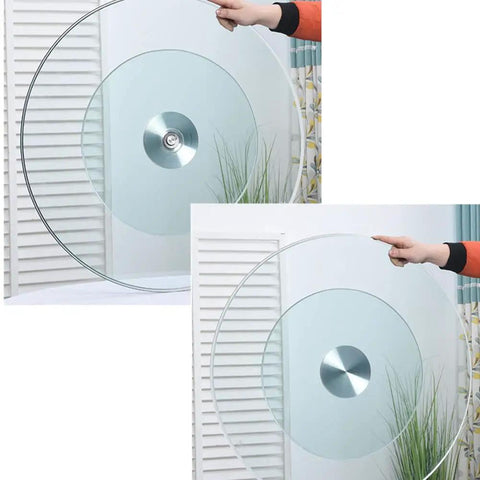 Person holding a Tempered Glass Lazy Susan Turntable For Dining Table Go To Rotating Serving Tray 39 Inch Centerpiece Transparent Glass Plate