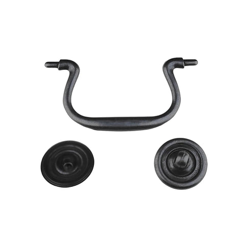 Four Pack Antique Black Three And A Half Inch Hole Center Drawer Pull Handles Gooseneck Ring Pullers showcased separately