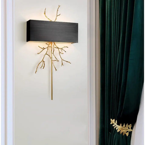 Modern Copper Wall Sconce with Stainless Steel Shade for Living Room and Corridor on white wall with gold branch accents