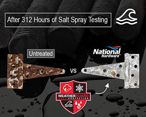 Comparison of untreated vs. National Hardware V30 hinge after 312 hours salt spray test, showing rust-resistant zinc plating