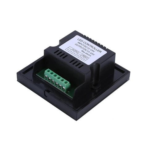 Back view of Wall Mounted Touch Panel Dimmer for 12V-24V Single Color LED Light Strips with glass touch panel and black finish.