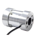Rock Solid Static Torque Load Cell With Double Flange Torsion Transducer in alloy steel, side view showing flanges and wiring.
