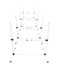 Dog Agility Jump Bars Set Of Four With Adjustable Heights And 36 Inch Wide Spacing, durable white stands visible in indoor angle.