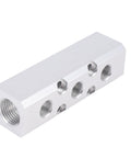Three Way Aluminum Air Manifold With Five Ports, One Quarter Inch NPT Output And Half Inch NPT Supply Port, side view
