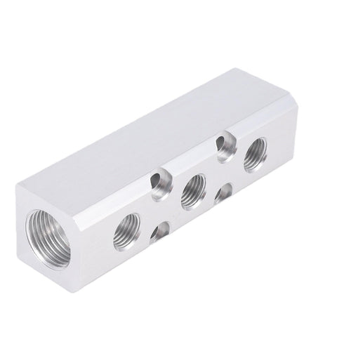 Three Way Aluminum Air Manifold With Five Ports, One Quarter Inch NPT Output And Half Inch NPT Supply Port, side view