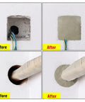 Before and after images of wall hole repairs with Waterproof Sealing Clay for Quick Wall Hole Repair and Gap Fill, Flame Retardant Mastic.