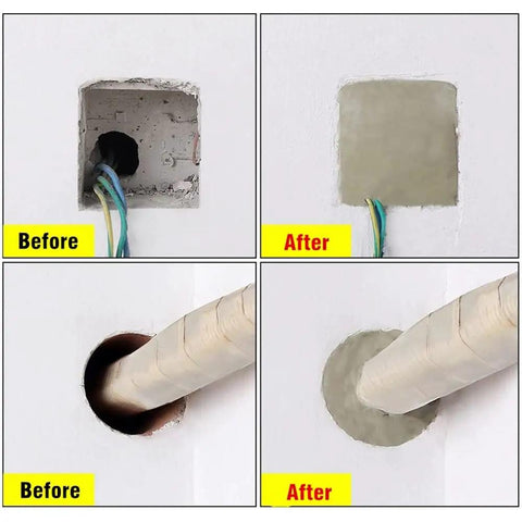 Before and after images of wall hole repairs with Waterproof Sealing Clay for Quick Wall Hole Repair and Gap Fill, Flame Retardant Mastic.