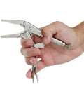 Hand holding Hardcore Long Nose Locking Pliers With Built In Wire Cutter Heavy Duty Adjustable Vise Grips for tight spaces.