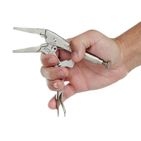 Hand holding Hardcore Long Nose Locking Pliers With Built In Wire Cutter Heavy Duty Adjustable Vise Grips for tight spaces.