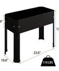Raised Garden Bed All In One With Detachable Legs Elevated Metal Planter Box For Growing Herbs Vegetables Flowers Succulents And More Outdoor Garden Stand With Drainage Holes Great For Balcony Patio Deck Black, dimensions 23.6x10.6x17.7 inches, black metal with detachable legs, weight 110 lbs.