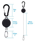 Five Pack Retractable Keychain Badge Holders With Steel Wire Reel Clip Durable ID Badge Reels for Lanyards, dimensions shown.
