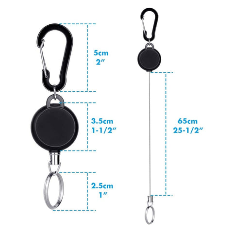 Five Pack Retractable Keychain Badge Holders With Steel Wire Reel Clip Durable ID Badge Reels for Lanyards, dimensions shown.