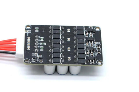 Premium 3S And 4S 12 Volt 5 Amp Active Battery Equalizer Balancer Module For Li Ion LiFePo4 Packs with black PCB and connectors.