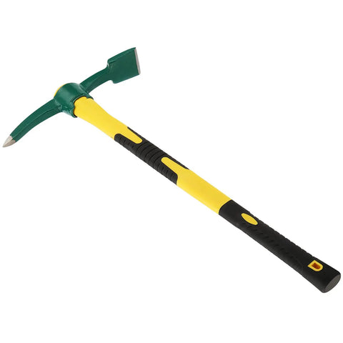Heavy Duty 24 Inch Pick Mattock Hoe with forged steel head and fiberglass handle for loosening soil, weeding, prospecting in gardens.