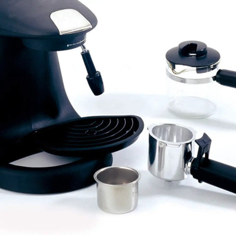 Pro Level 5 Bar Espresso Machine, Capsule Ready Coffee Maker parts including steam wand and metal cups on countertop.