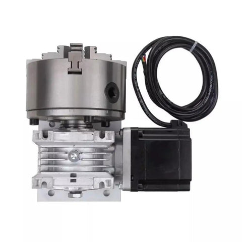 Heavy Duty Cnc Router Rotary Fourth Axis Kit Featuring Knockout Nema 34 Stepper Motor And Ironclad 130mm Four Jaw Chuck showing stepper motor and mount.