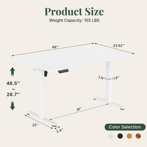 Dimensions of 48 Inch Electric Standing Desk Height Adjustable Sit Stand Workstation With Silent Motor Memory Presets And Wide White Top.