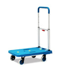 Hella Reliable Foldable Flatbed Hand Truck With Easy Adjust Handle And Smooth Gliding Wheels Made Tough For Moving Big Bags Or Daily Parcel Runs In This Durable Blue Platform Cart on display.